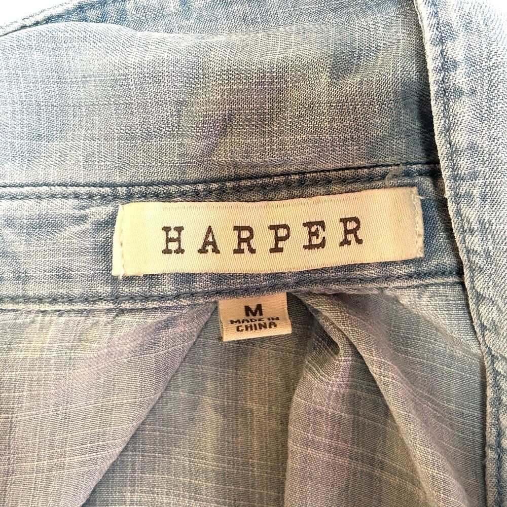 Harper Chambray Button Up Shirt Women M Lyocell High Low Frayed Hem - Picture 5 of 10